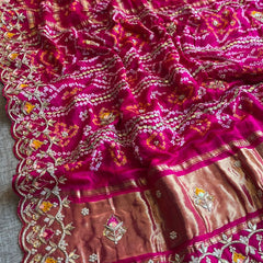 Pure Gajji Silk Handmade Bandhani Saree with Zardozi, Gotapatti & Pearl Detailing