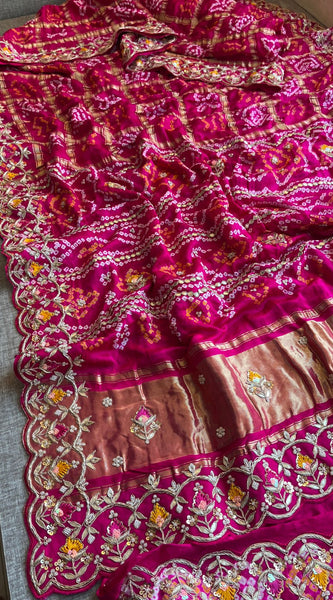 Pure Gajji Silk Handmade Bandhani Saree with Zardozi, Gotapatti & Pearl Detailing