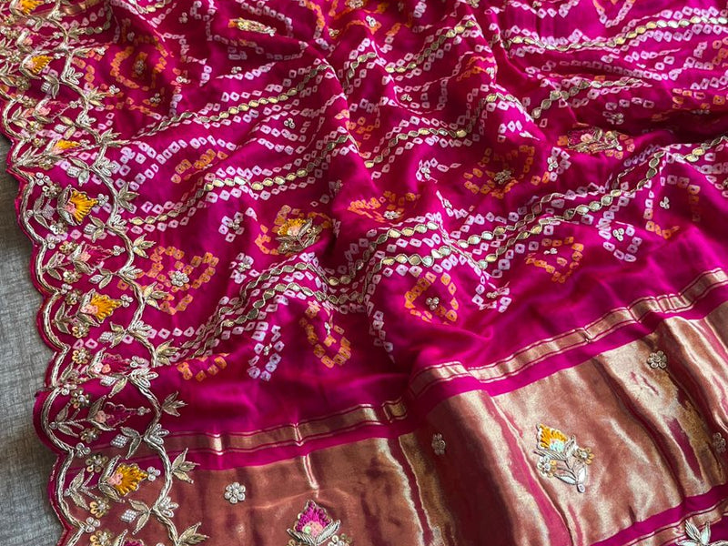 Pure Gajji Silk Handmade Bandhani Saree with Zardozi, Gotapatti & Pearl Detailing