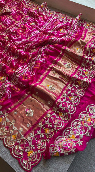 Pure Gajji Silk Handmade Bandhani Saree with Zardozi, Gotapatti & Pearl Detailing