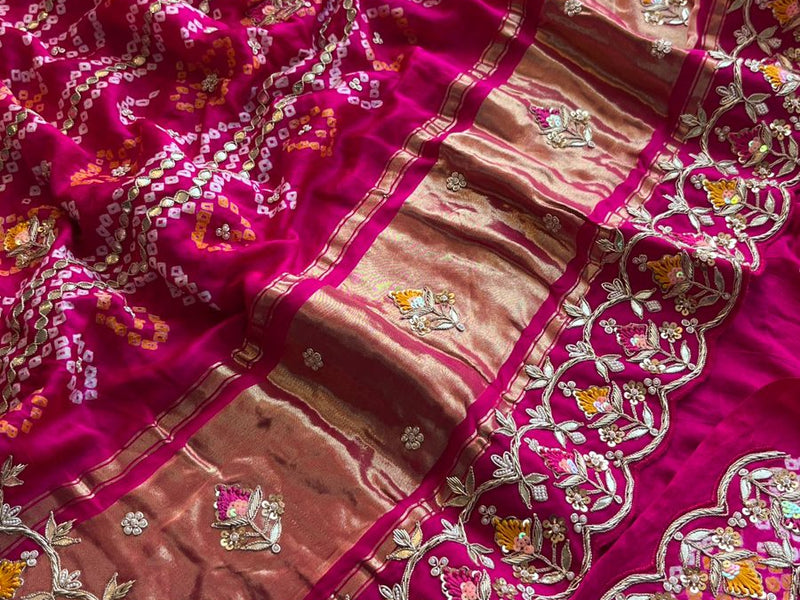 Pure Gajji Silk Handmade Bandhani Saree with Zardozi, Gotapatti & Pearl Detailing