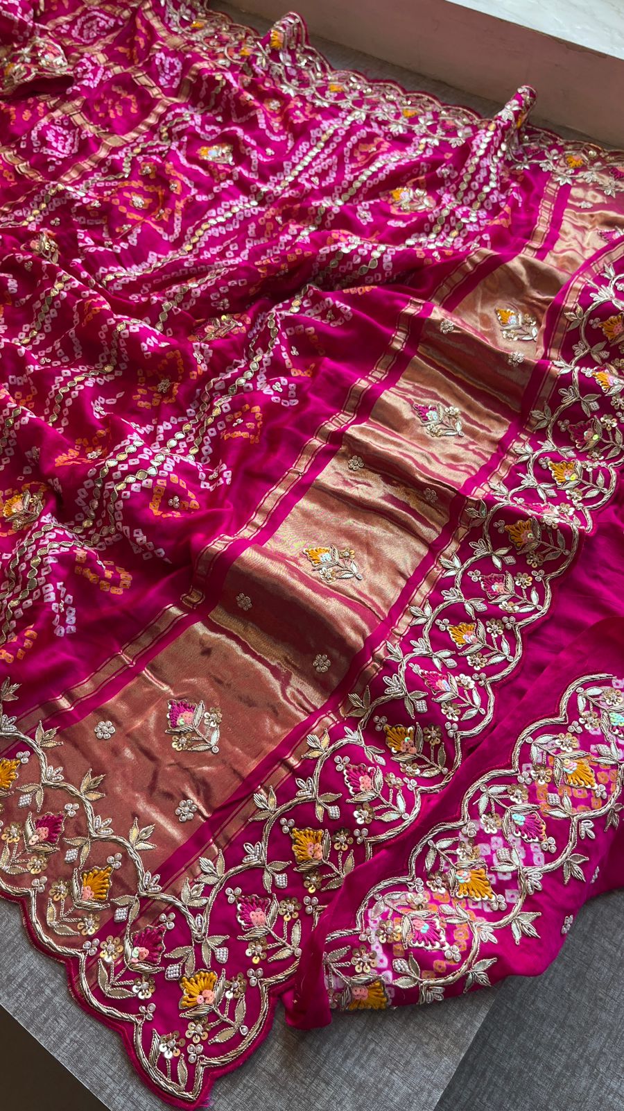 Pure Gajji Silk Handmade Bandhani Saree with Zardozi, Gotapatti & Pearl Detailing