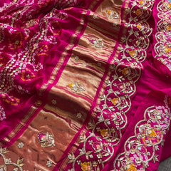 Pure Gajji Silk Handmade Bandhani Saree with Zardozi, Gotapatti & Pearl Detailing