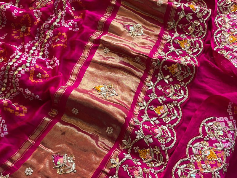 Pure Gajji Silk Handmade Bandhani Saree with Zardozi, Gotapatti & Pearl Detailing
