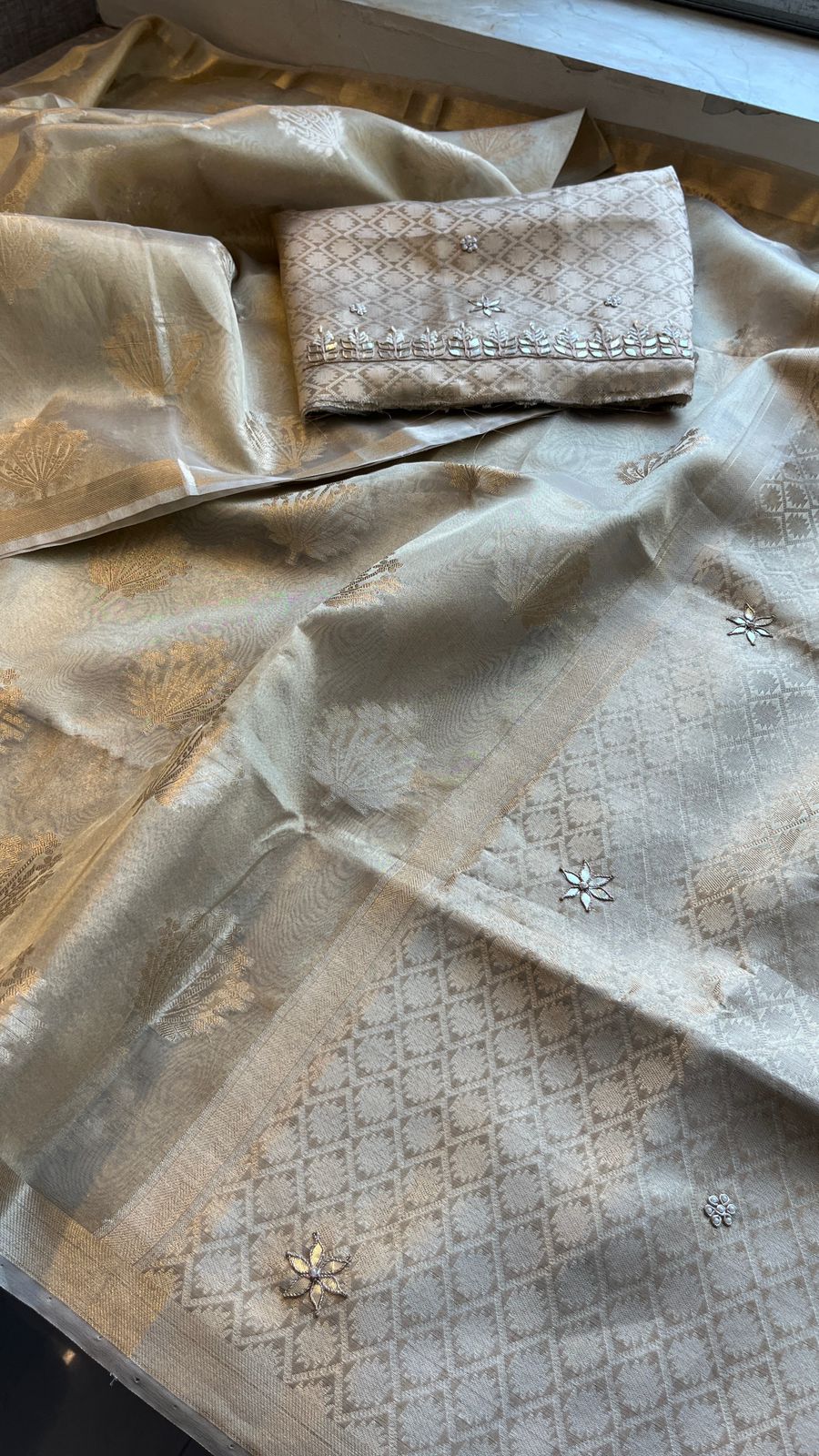 Pure Soft Tissue Handloom Banarasi Saree with Zardozi, Gotapatti & Pearl Work