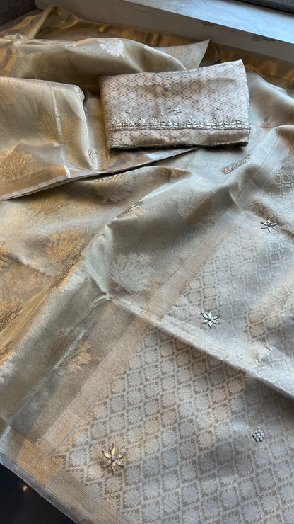 Pure Soft Tissue Handloom Banarasi Saree with Zardozi, Gotapatti & Pearl Work