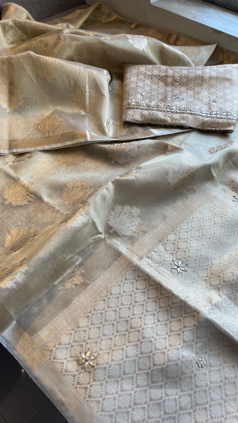 Pure Soft Tissue Handloom Banarasi Saree with Zardozi, Gotapatti & Pearl Work