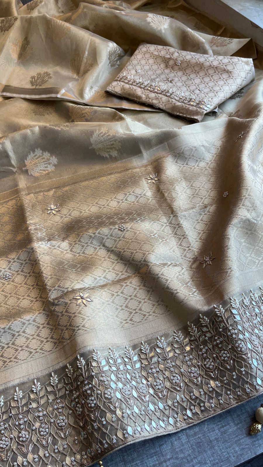 Pure Soft Tissue Handloom Banarasi Saree with Zardozi, Gotapatti & Pearl Work