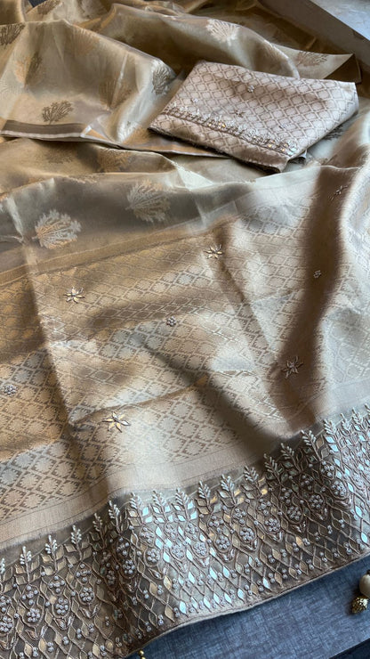 Pure Soft Tissue Handloom Banarasi Saree with Zardozi, Gotapatti & Pearl Work