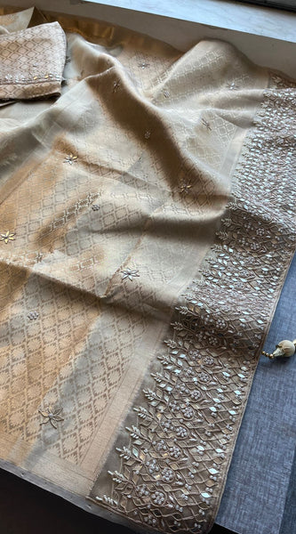 Pure Soft Tissue Handloom Banarasi Saree with Zardozi, Gotapatti & Pearl Work