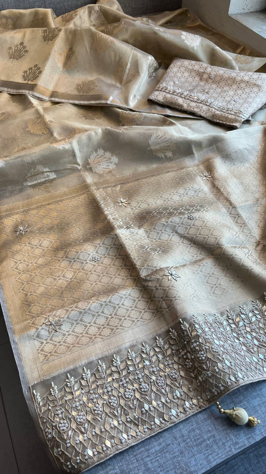 Pure Soft Tissue Handloom Banarasi Saree with Zardozi, Gotapatti & Pearl Work