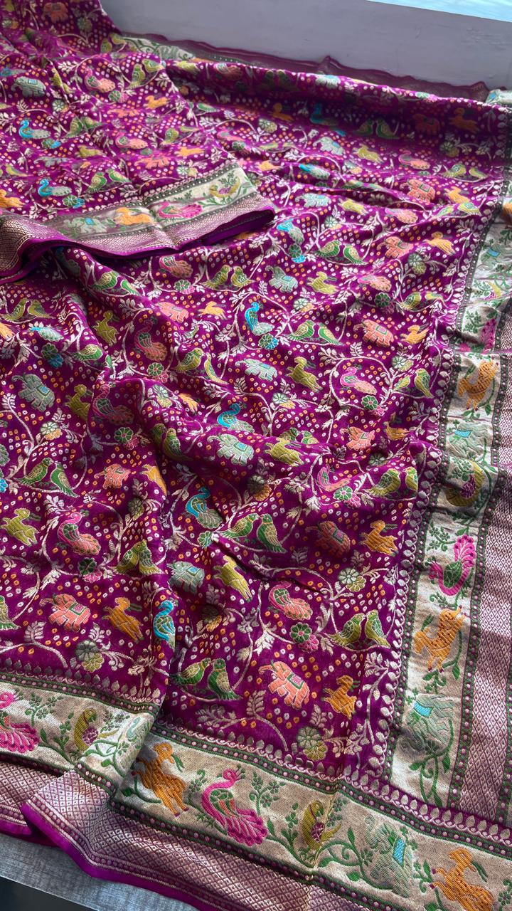Pure Heavy Khaddi Georgette Banarasi Saree with Bandhani & Meena Weaving