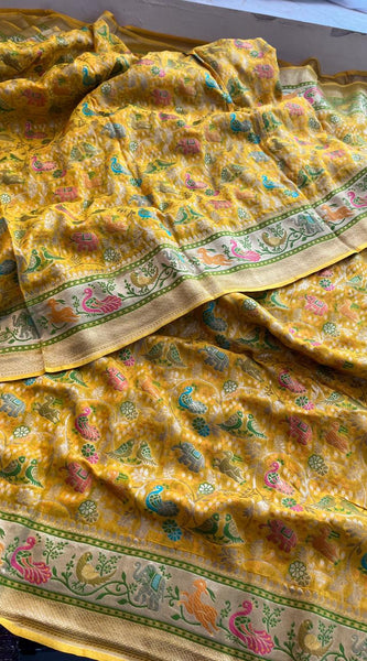 Pure Heavy Khaddi Georgette Banarasi Saree with Bandhani & Meena Weaving