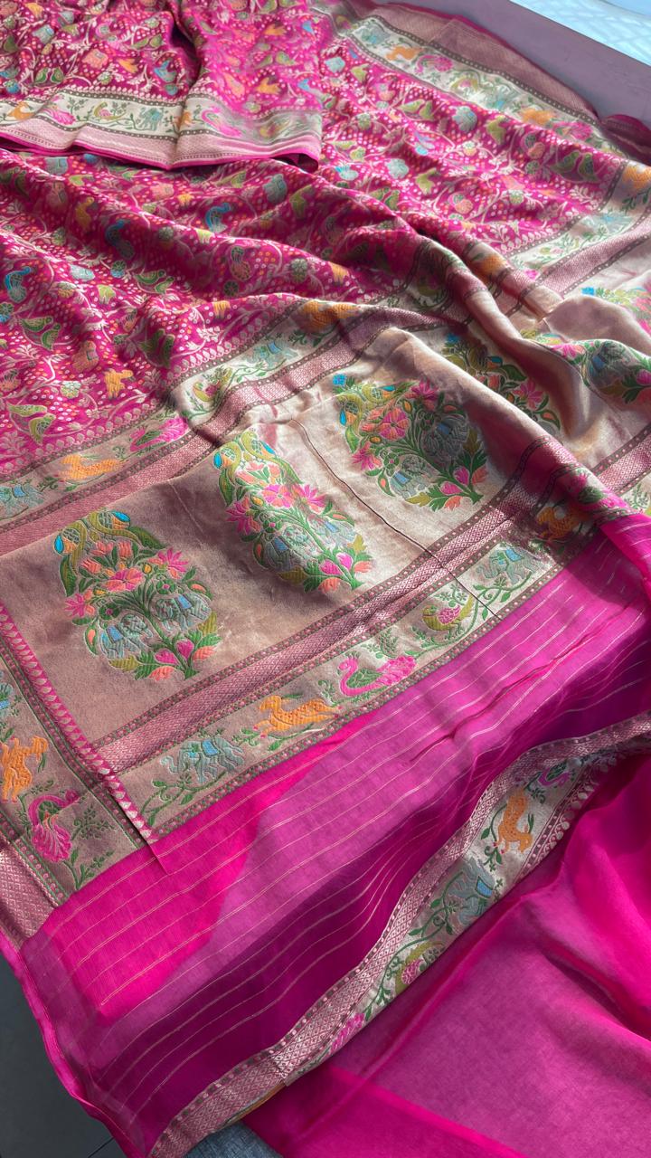 Pure Heavy Khaddi Georgette Banarasi Saree with Bandhani & Meena Weaving