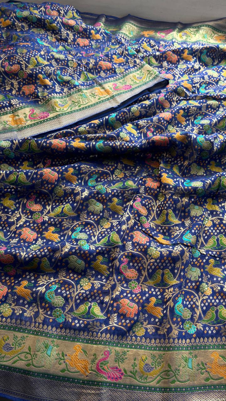 Pure Heavy Khaddi Georgette Banarasi Saree with Bandhani & Meena Weaving