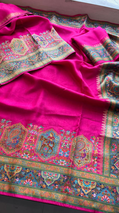 Pure Munga Tussar Silk Saree with Meena Banarasi Weaving