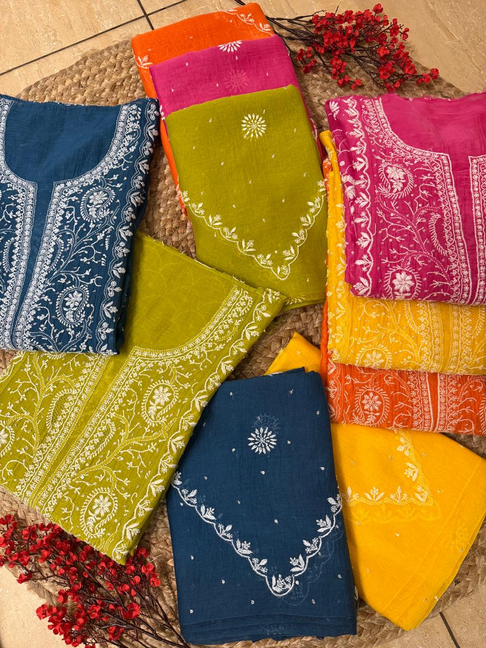 Exquisite Mul Chanderi Kurta Dupatta Set with Pearl & Sequin Detailing