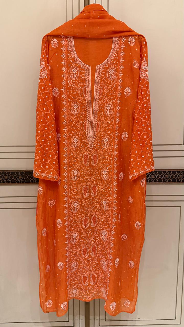 Exquisite Mul Chanderi Kurta Dupatta Set with Pearl & Sequin Detailing