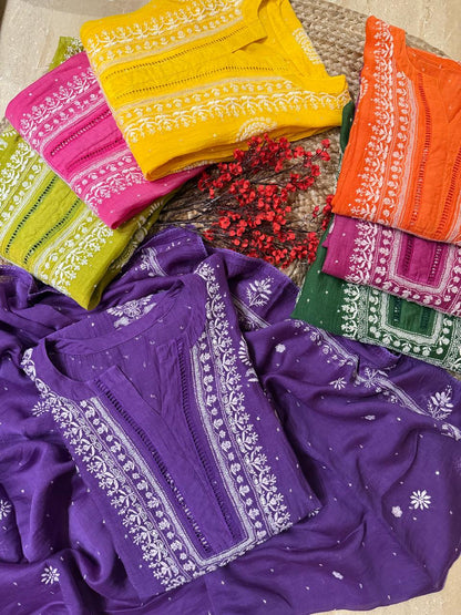 Luxurious Mul Chanderi Kurta Dupatta Set with Pearl & Katdana Embellishments