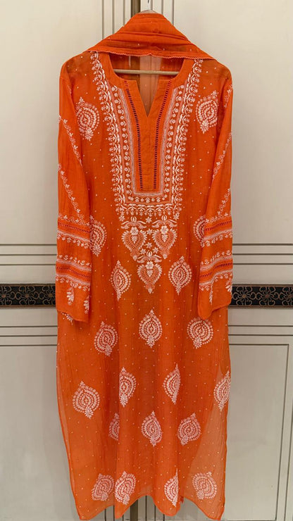 Luxurious Mul Chanderi Kurta Dupatta Set with Pearl & Katdana Embellishments