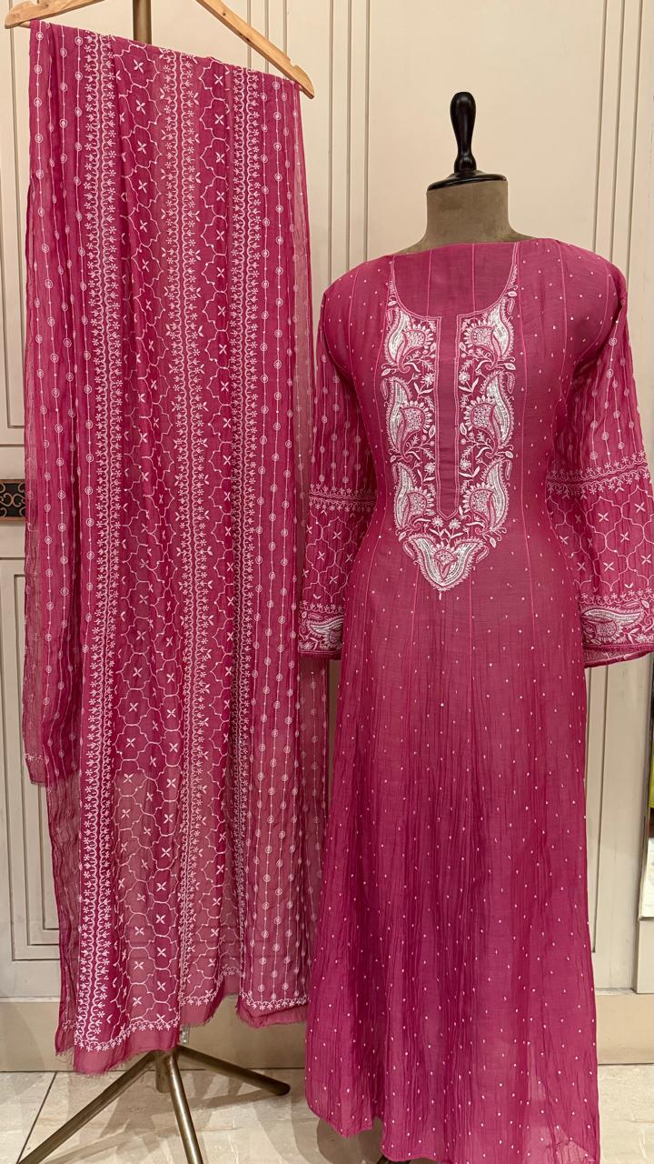 Pure Mul Chanderi Anarkali Kurta Dupatta Set with Pearl & Katdana Embellishments