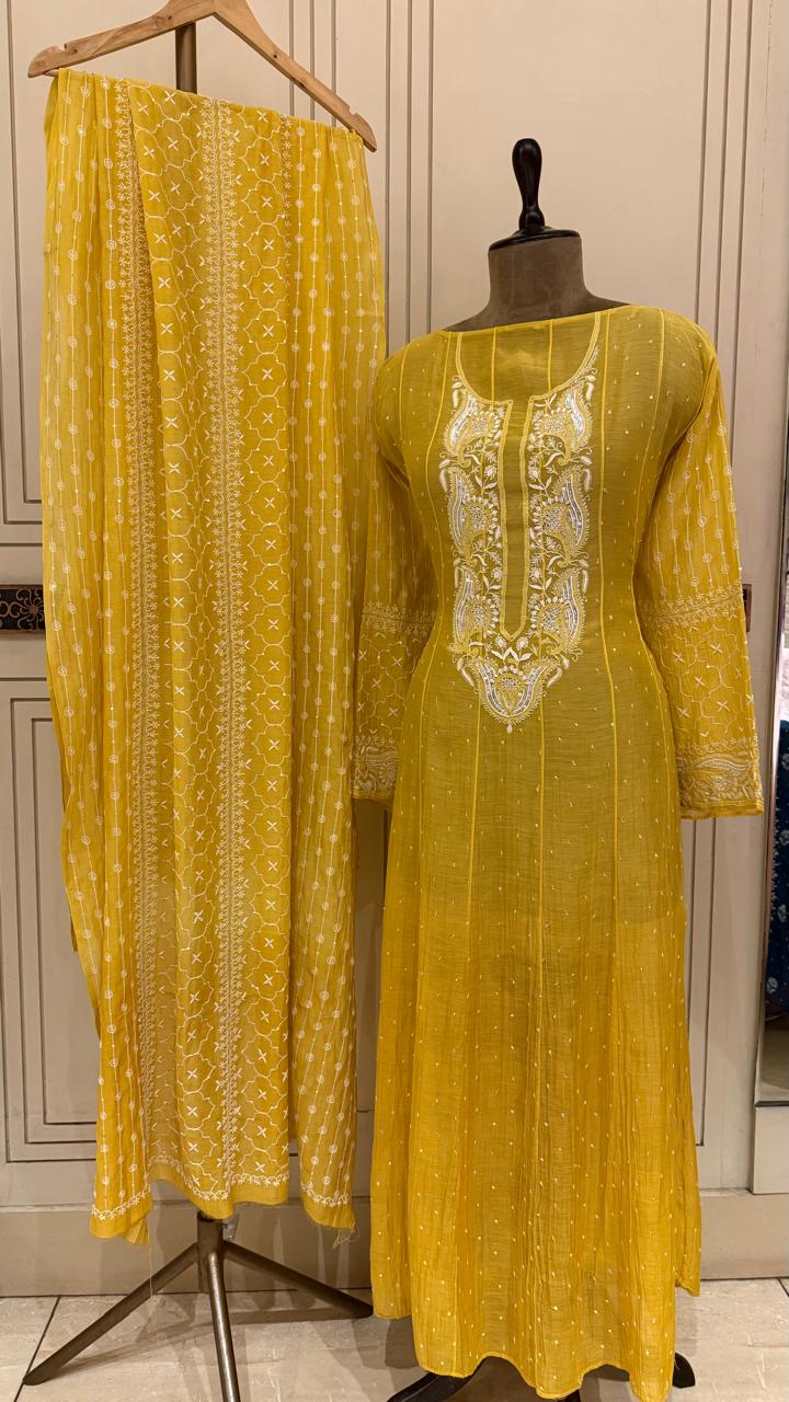 Pure Mul Chanderi Anarkali Kurta Dupatta Set with Pearl & Katdana Embellishments