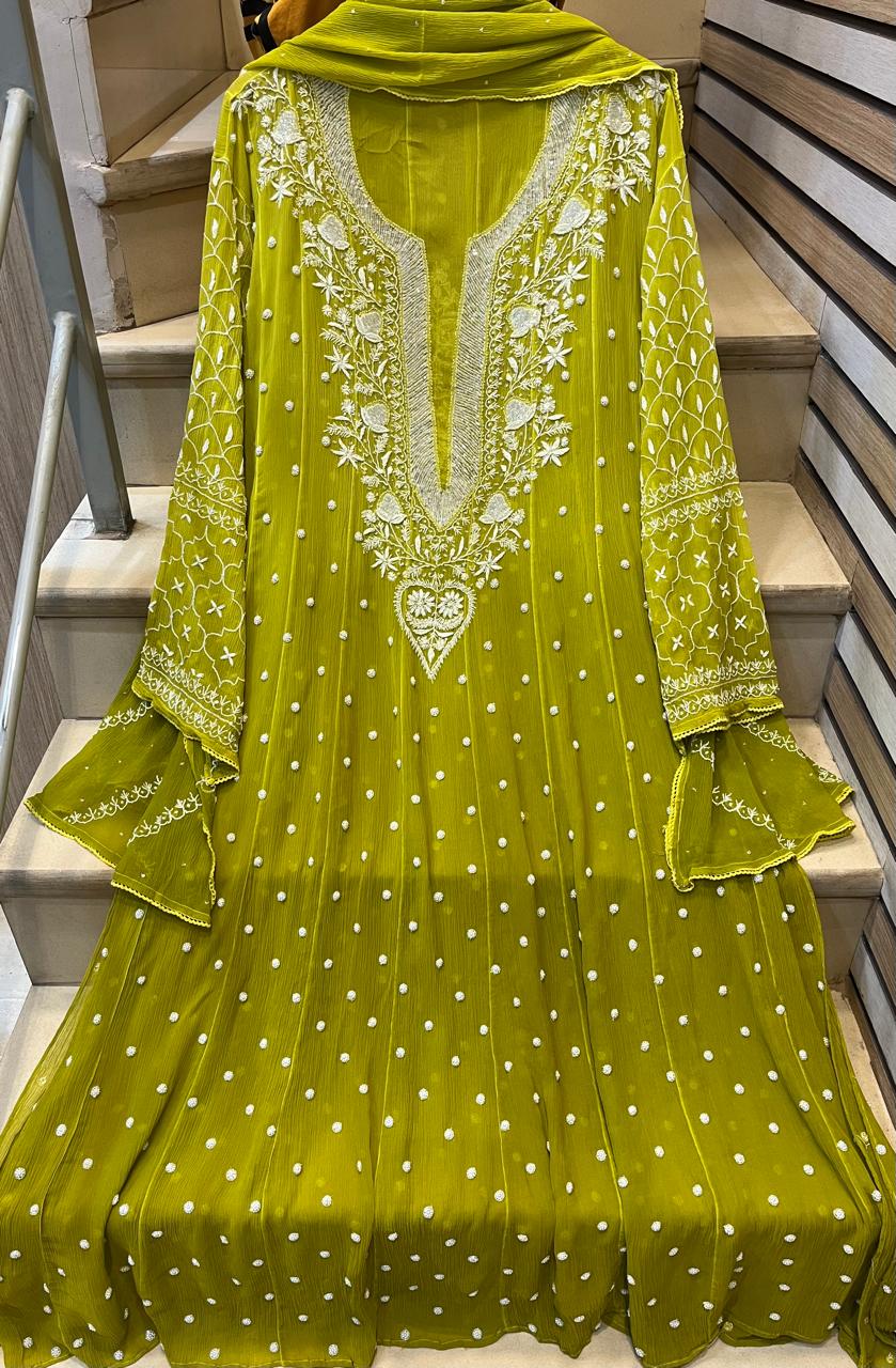 Pure Chiffon Anarkali Kurta Dupatta Set with Pearl & Katdana Embellishments