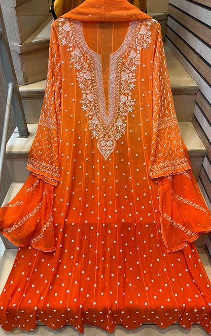 Pure Chiffon Anarkali Kurta Dupatta Set with Pearl & Katdana Embellishments