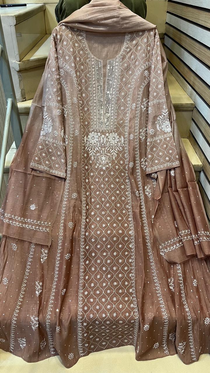Mul Chanderi Anarkali Kurta Dupatta Set with Exquisite Pearl & Katdana Embellishments