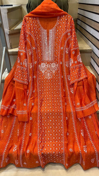 Mul Chanderi Anarkali Kurta Dupatta Set with Exquisite Pearl & Katdana Embellishments