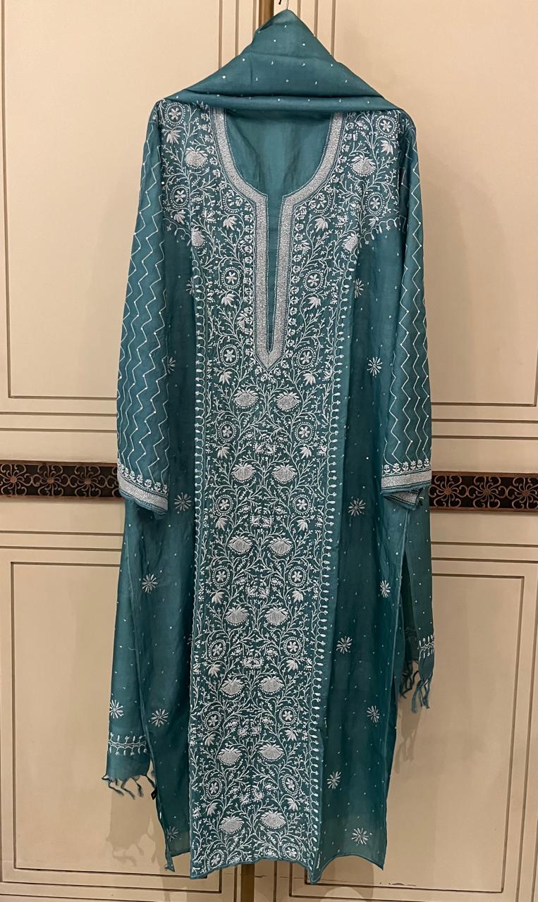 Pure Silk Kurta Dupatta Set with Pearl, Sequin & Katdana Embellishments
