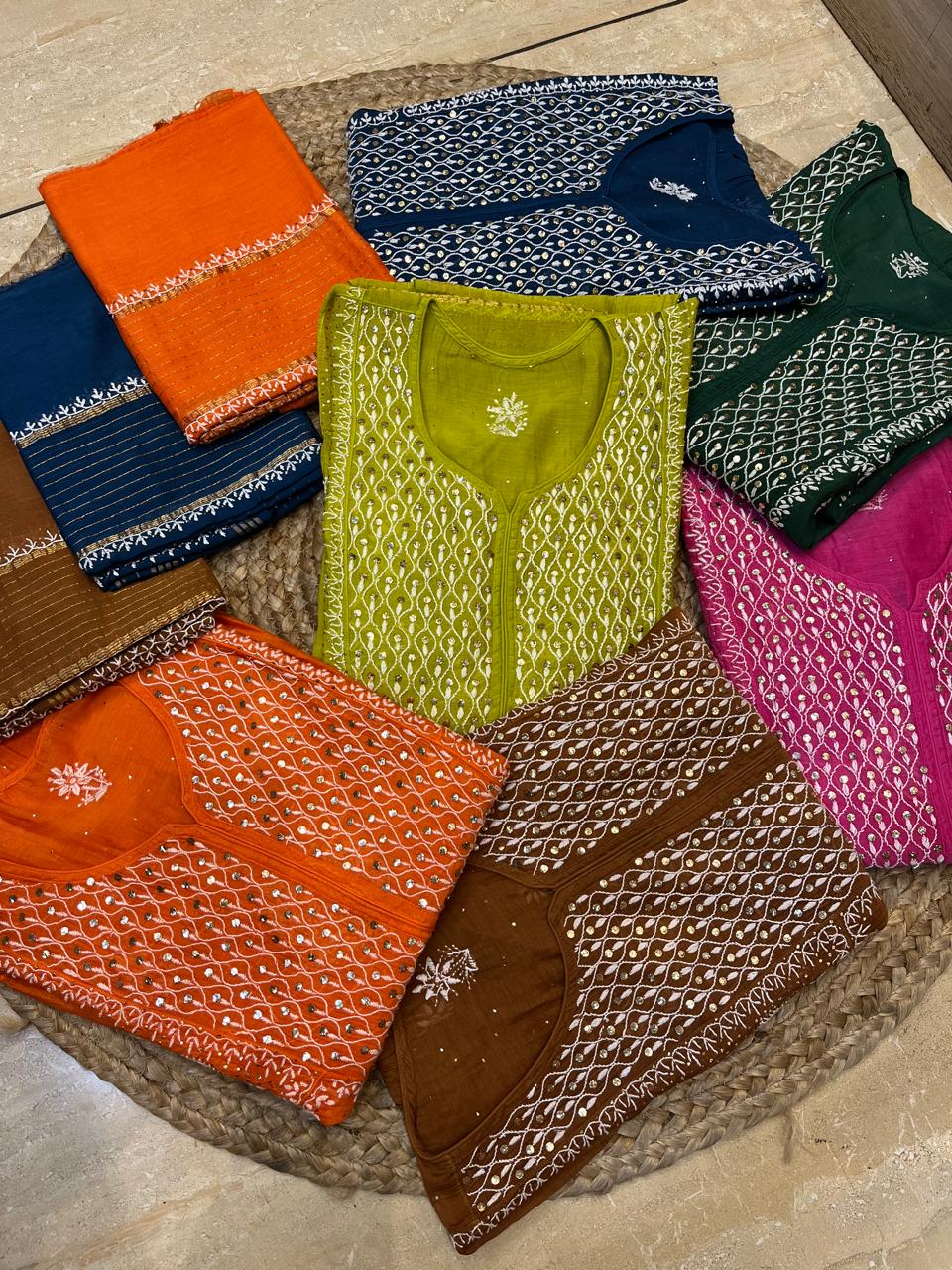 Mul Chanderi A-Line Kurta Dupatta Set with Elegant Mukaish Work