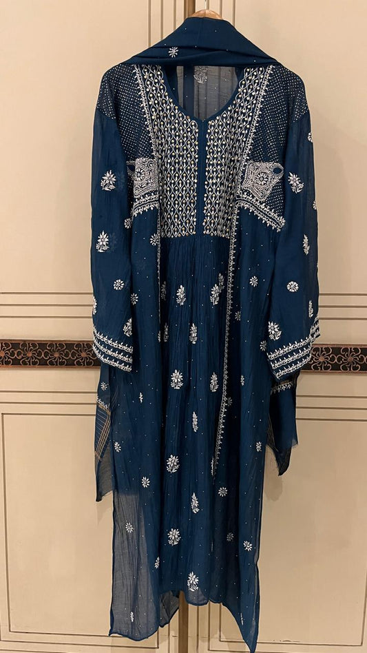 Mul Chanderi A-Line Kurta Dupatta Set with Elegant Mukaish Work