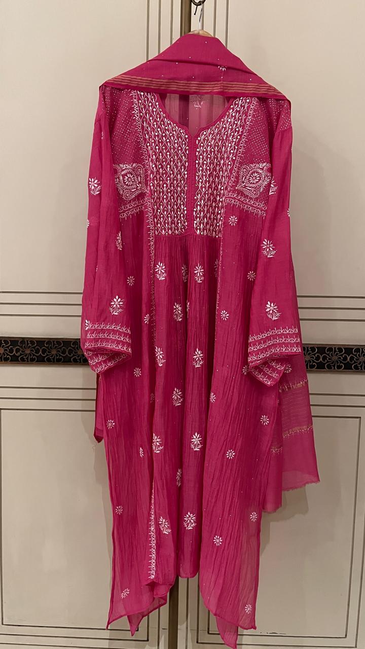 Mul Chanderi A-Line Kurta Dupatta Set with Elegant Mukaish Work