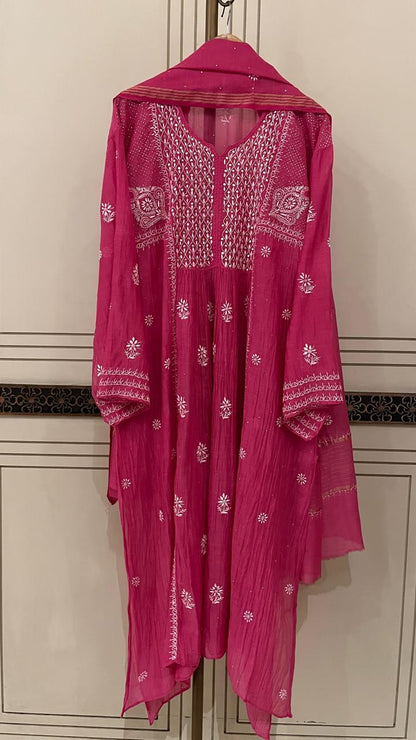 Mul Chanderi A-Line Kurta Dupatta Set with Elegant Mukaish Work