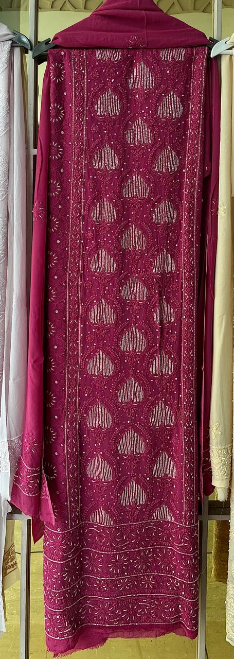 Georgette Unstitched Kurta Dupatta Set with Pearl & Katdana Embellishments