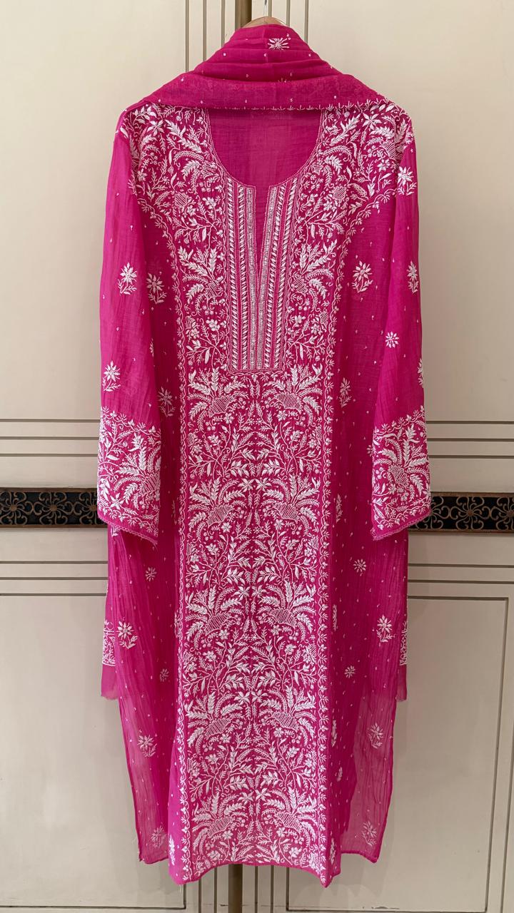 Pure Mul Chanderi Kurta Dupatta Set with Exquisite Pearl & Katdana Embellishments