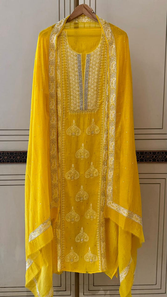 Mul Chanderi Kurta Dupatta Set with Pearl, Sequin & Katdana Embellishments