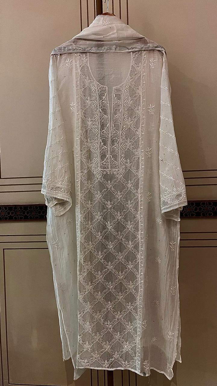 Pure Mul Chanderi Kurta Dupatta Set with Sequin & Katdana Embellishments