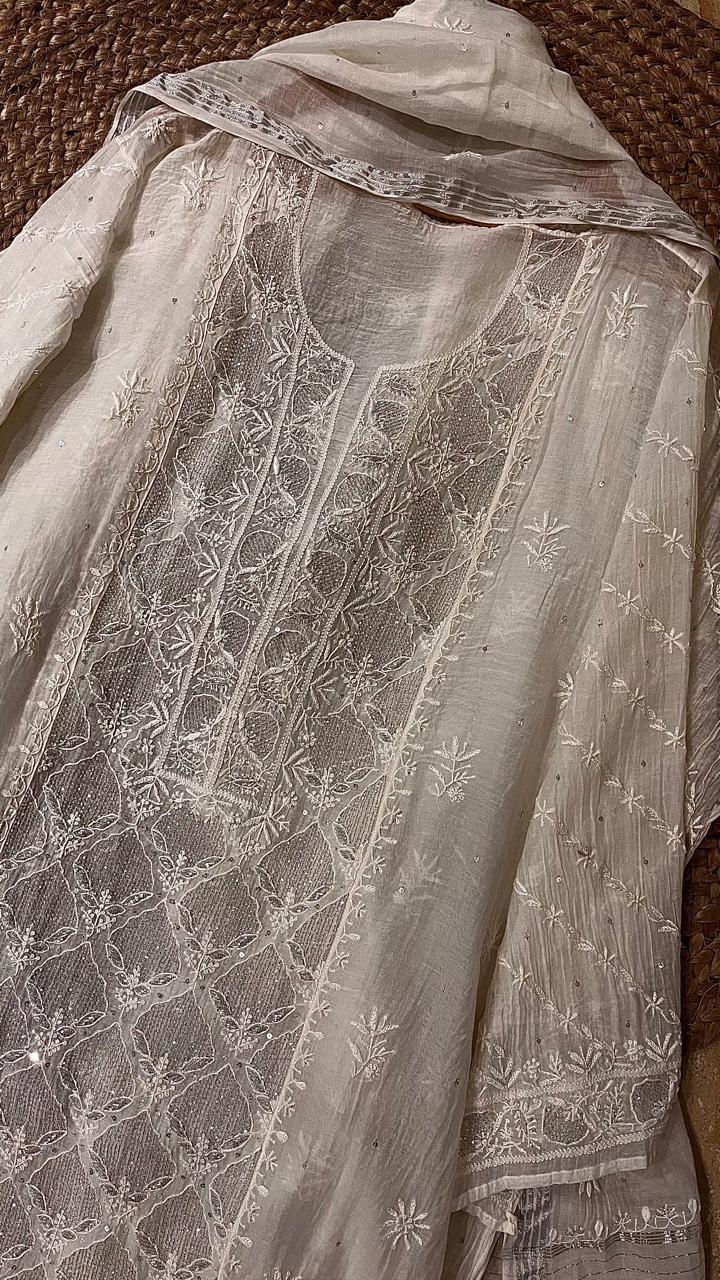 Pure Mul Chanderi Kurta Dupatta Set with Sequin & Katdana Embellishments