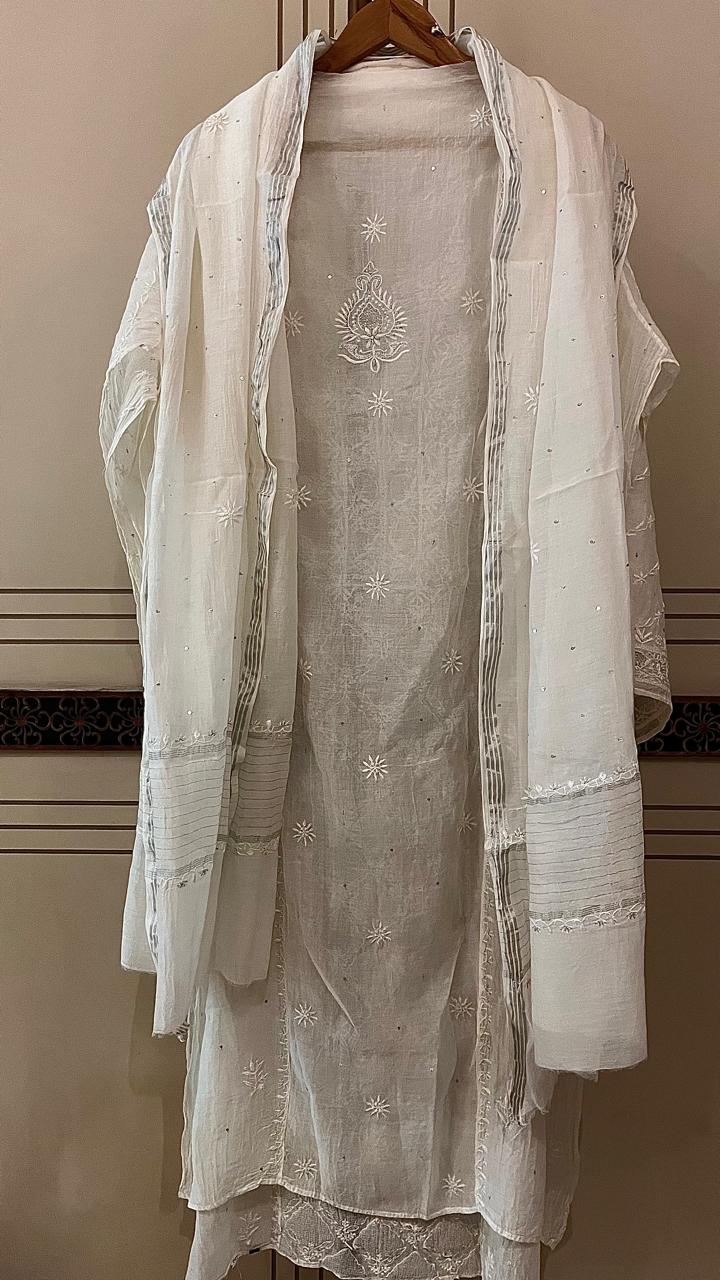 Pure Mul Chanderi Kurta Dupatta Set with Sequin & Katdana Embellishments