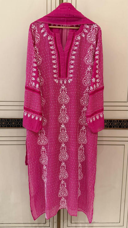 Mul Chanderi Semi-Stitched Kurta Dupatta Set with Pearl, Sequin & Katdana Embellishments