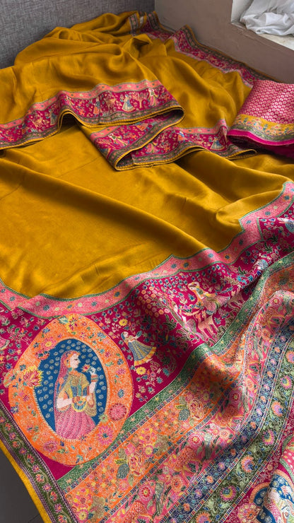Pure Munga Tussar Silk Saree with Meena Banarasi Weaving