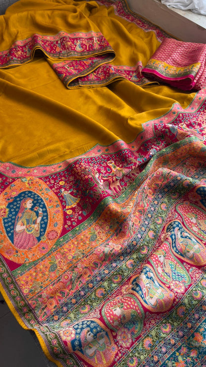 Pure Munga Tussar Silk Saree with Meena Banarasi Weaving