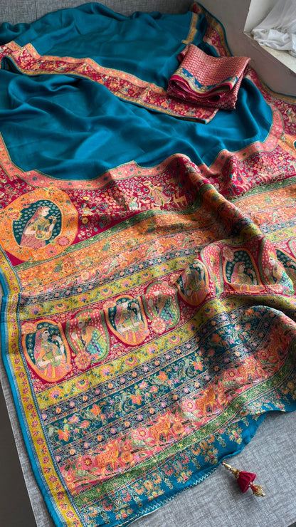 Pure Munga Tussar Silk Saree with Meena Banarasi Weaving