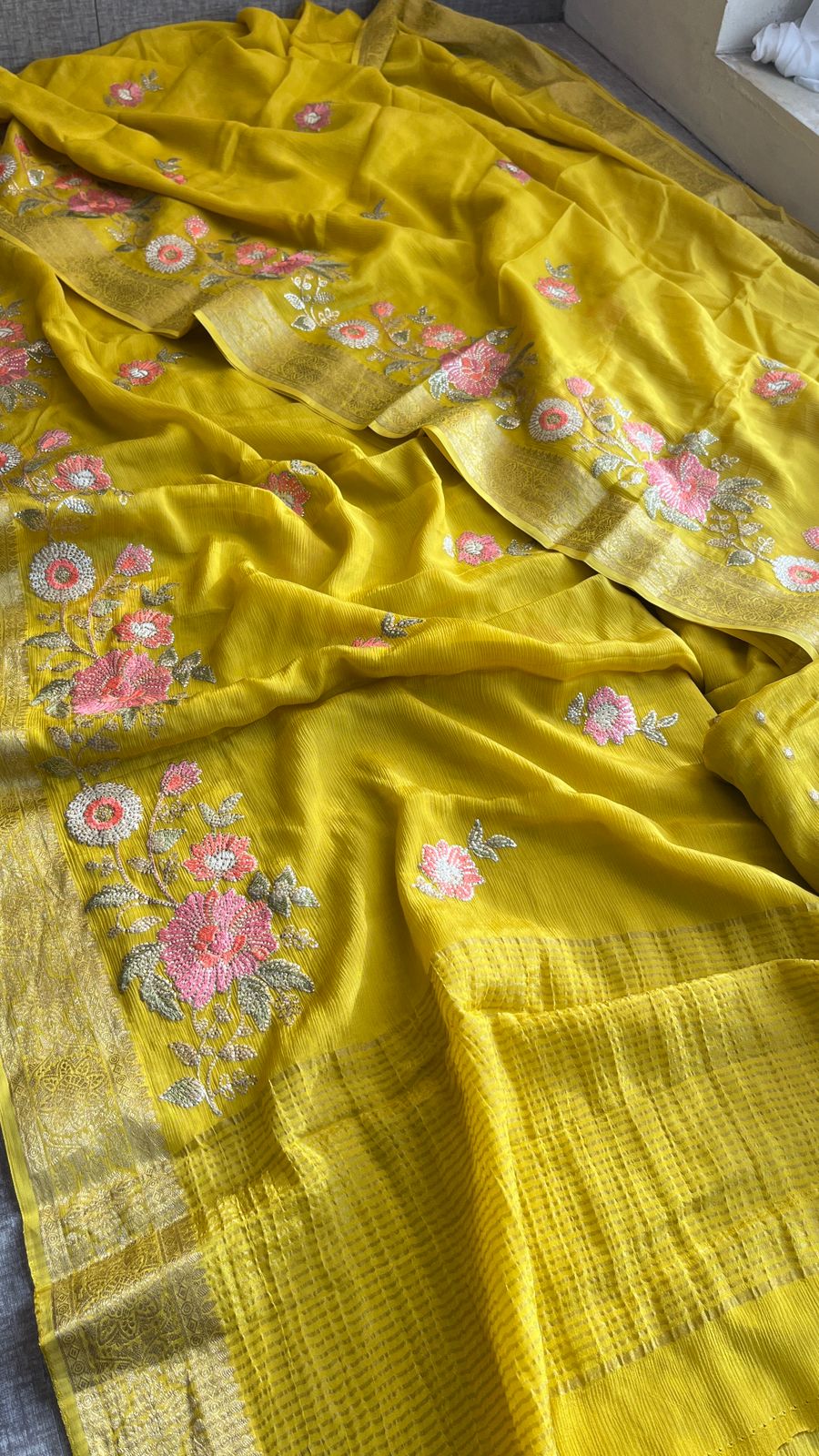 Pure Chinon Crepe Saree with Banarasi Weaving and Multi-Thread Embroidery