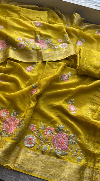 Pure Chinon Crepe Saree with Banarasi Weaving and Multi-Thread Embroidery