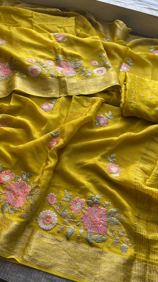 Pure Chinon Crepe Saree with Banarasi Weaving and Multi-Thread Embroidery