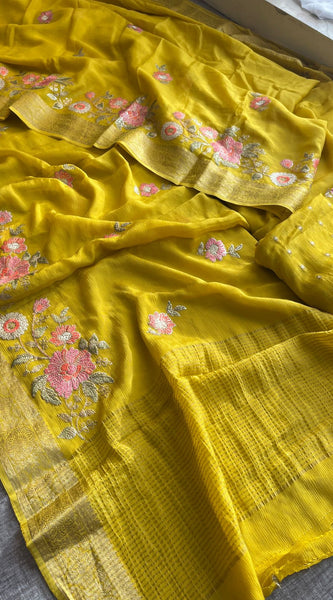 Pure Chinon Crepe Saree with Banarasi Weaving and Multi-Thread Embroidery