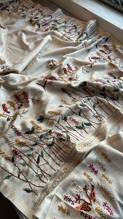 Pure Tussar Linen Silk Saree with Hand Knot & Katha Work